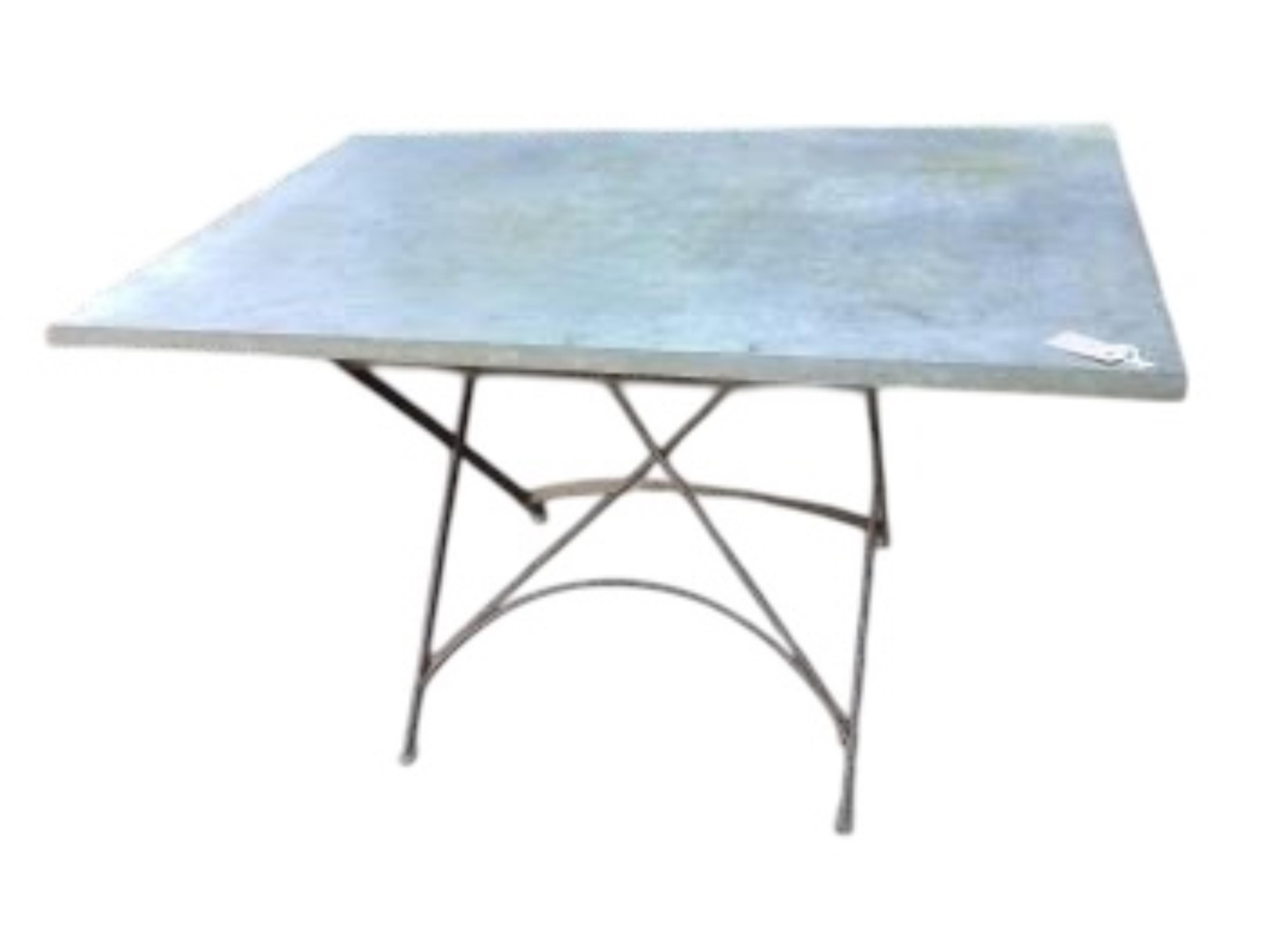 A rectangular zinc topped wrought iron garden table, width 120cm, depth 80cm, height 70cm